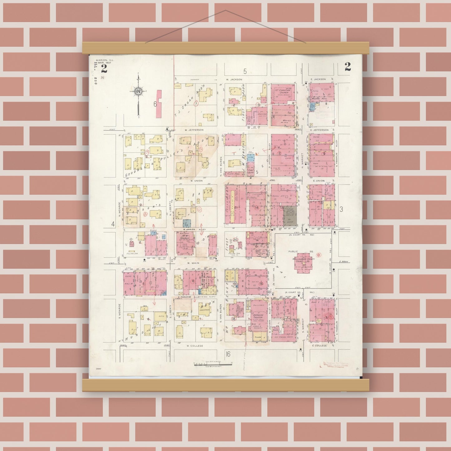 Old map wall art mockup — magnetic wood frame on brick wall — Sanborn Fire Insurance Map from Marion, Williamson County, Illinois (1946), Sheet #0002