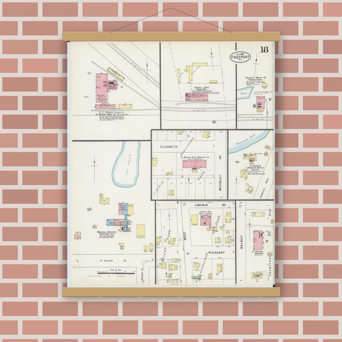 Old map wall art mockup — magnetic wood frame on brick wall — Sanborn Fire Insurance Map from Freeport, Stephenson County, Illinois (1897), Sheet #0018