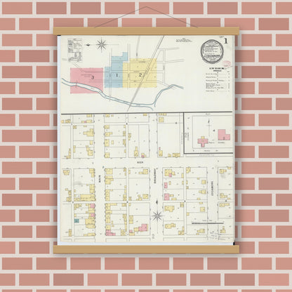 Old map wall art mockup — magnetic wood frame on brick wall — Sanborn Fire Insurance Map from Lynchburg, Highland County, Ohio (1895), Sheet #0001