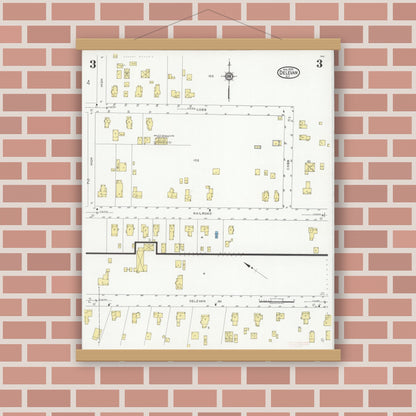 Old map wall art mockup — magnetic wood frame on brick wall — Sanborn Fire Insurance Map from Delevan, Cattaraugus County, New York (1929), Sheet #0003