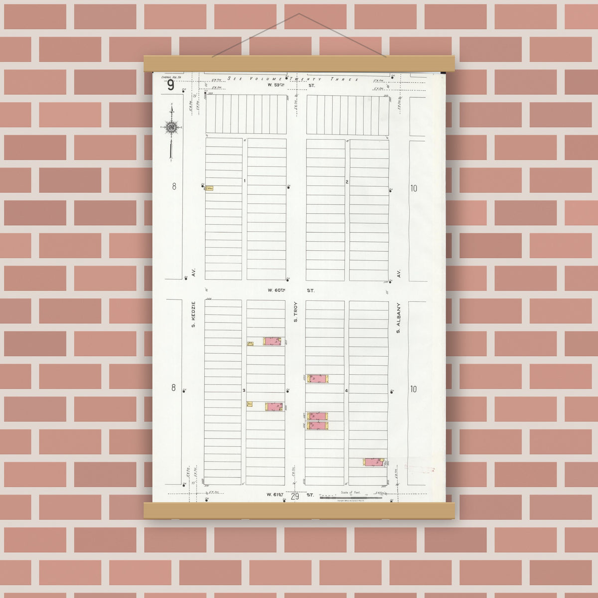 Old map wall art mockup — magnetic wood frame on brick wall — Sanborn Fire Insurance Map from Chicago, Cook County, Illinois (1920), Sheet #0009
