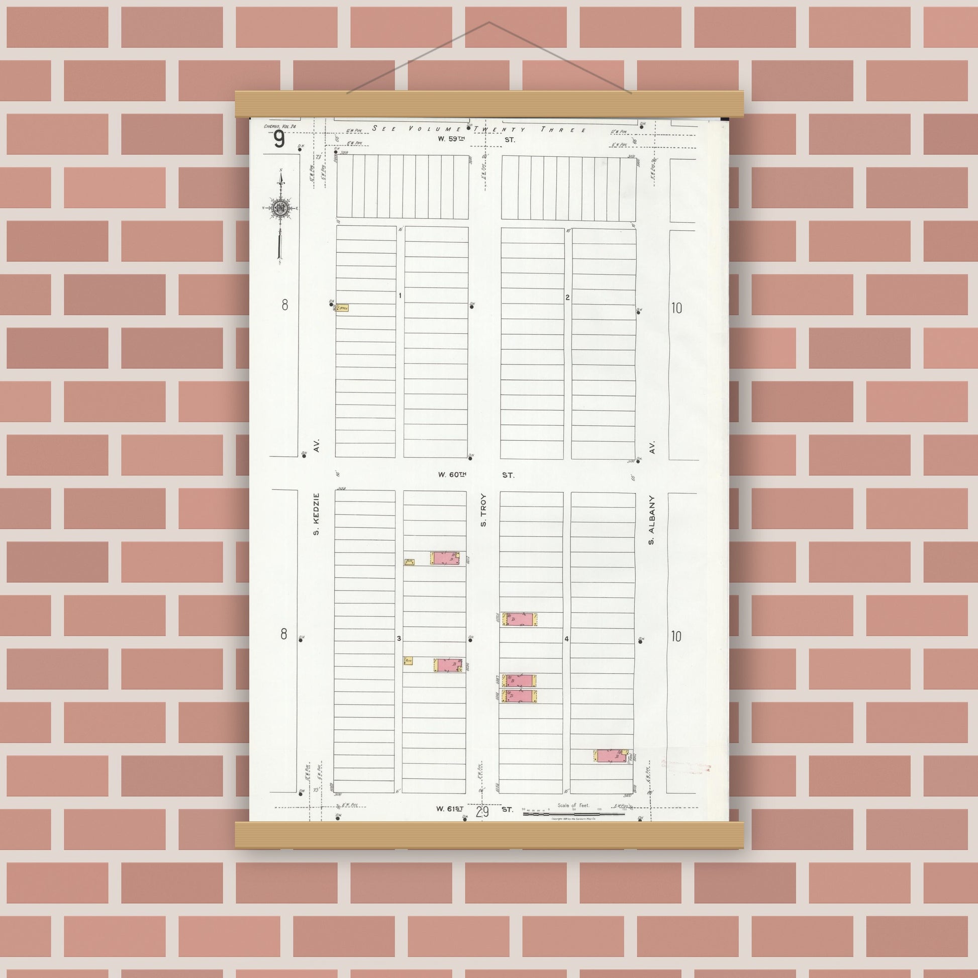 Old map wall art mockup — magnetic wood frame on brick wall — Sanborn Fire Insurance Map from Chicago, Cook County, Illinois (1920), Sheet #0009