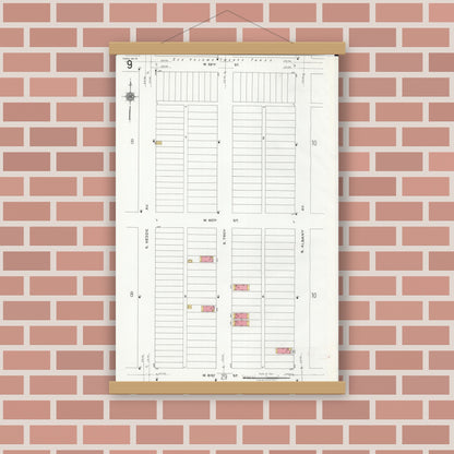 Old map wall art mockup — magnetic wood frame on brick wall — Sanborn Fire Insurance Map from Chicago, Cook County, Illinois (1920), Sheet #0009