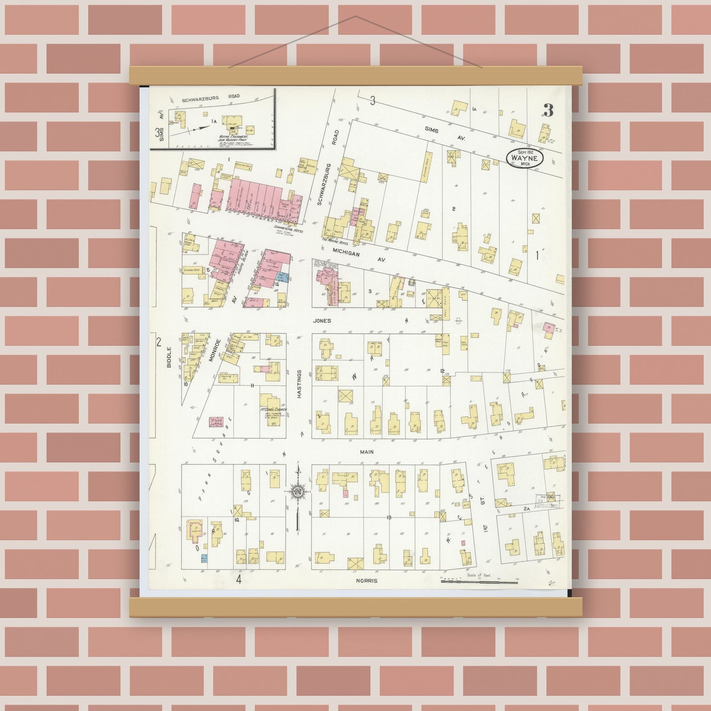 Old map wall art mockup — magnetic wood frame on brick wall — Sanborn Fire Insurance Map from Wayne, Wayne County, Michigan (1912), Sheet #0003