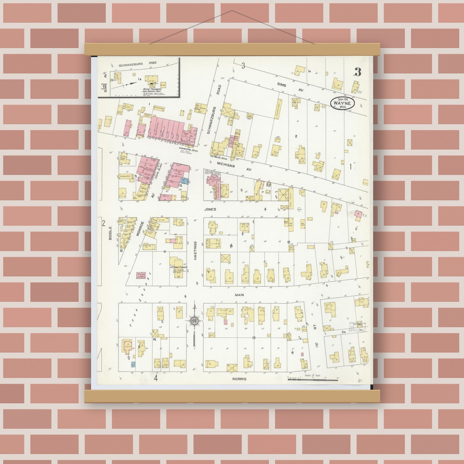 Old map wall art mockup — magnetic wood frame on brick wall — Sanborn Fire Insurance Map from Wayne, Wayne County, Michigan (1912), Sheet #0003