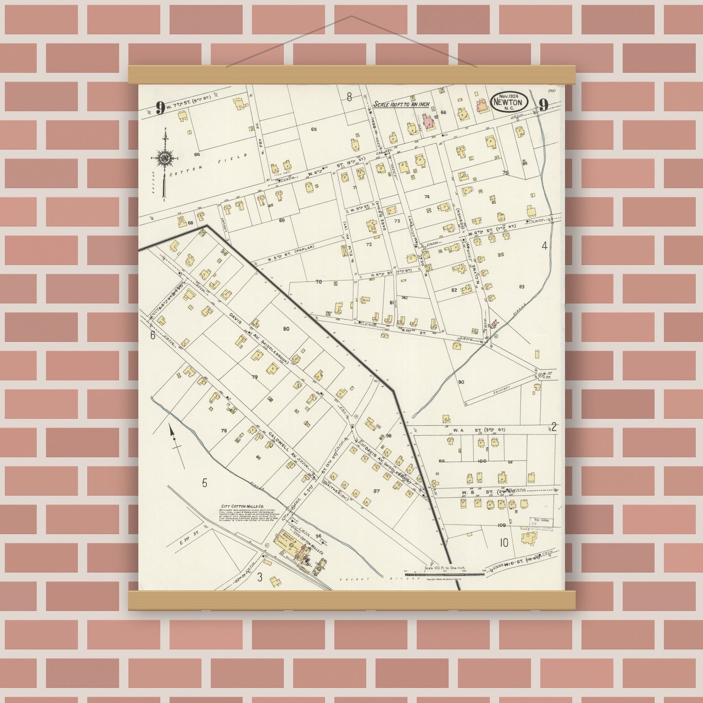 Old map wall art mockup — magnetic wood frame on brick wall — Sanborn Fire Insurance Map from Newton, Catawba County, North Carolina (1924), Sheet #0009