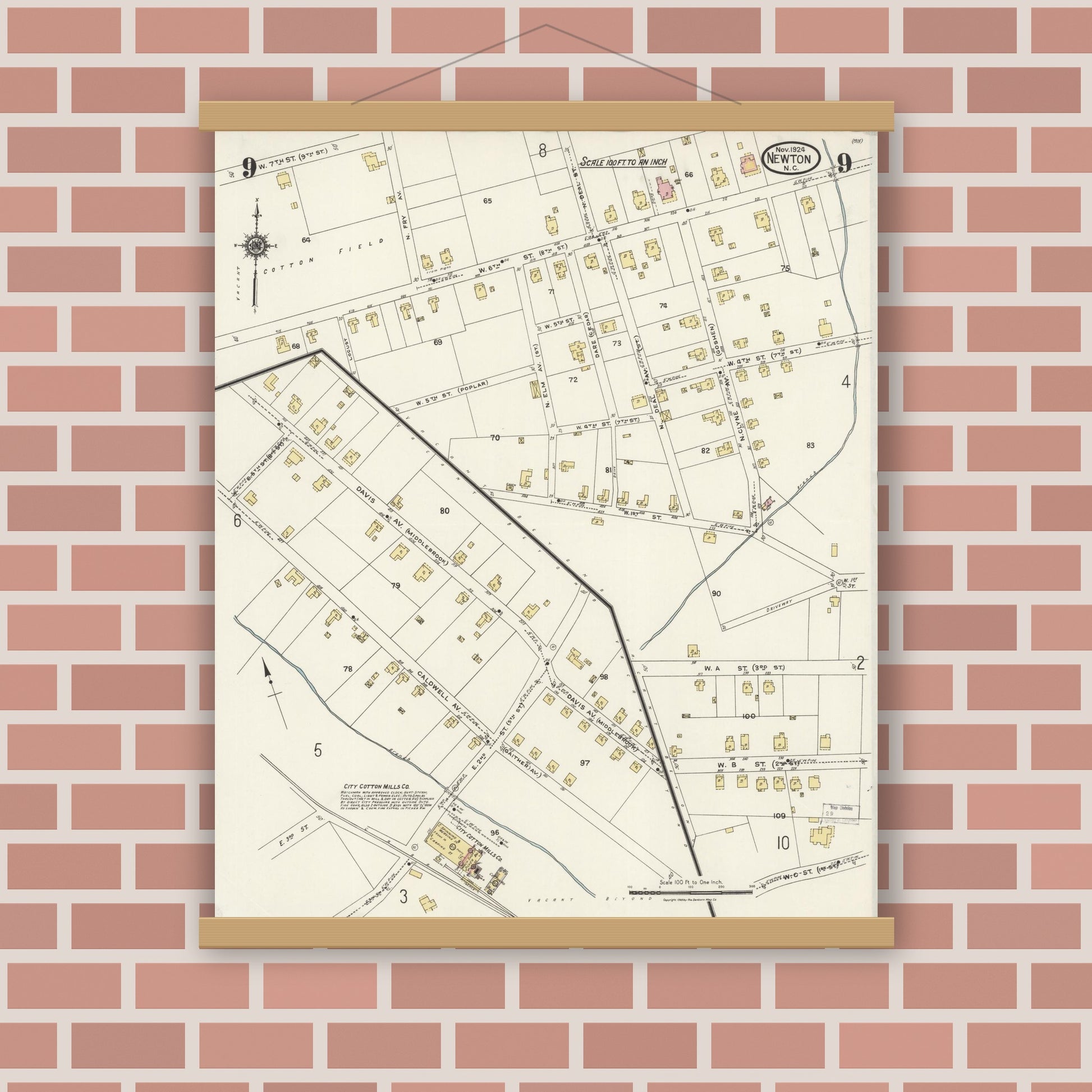 Old map wall art mockup — magnetic wood frame on brick wall — Sanborn Fire Insurance Map from Newton, Catawba County, North Carolina (1924), Sheet #0009