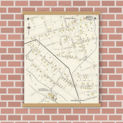 Old map wall art mockup — magnetic wood frame on brick wall — Sanborn Fire Insurance Map from Newton, Catawba County, North Carolina (1924), Sheet #0009