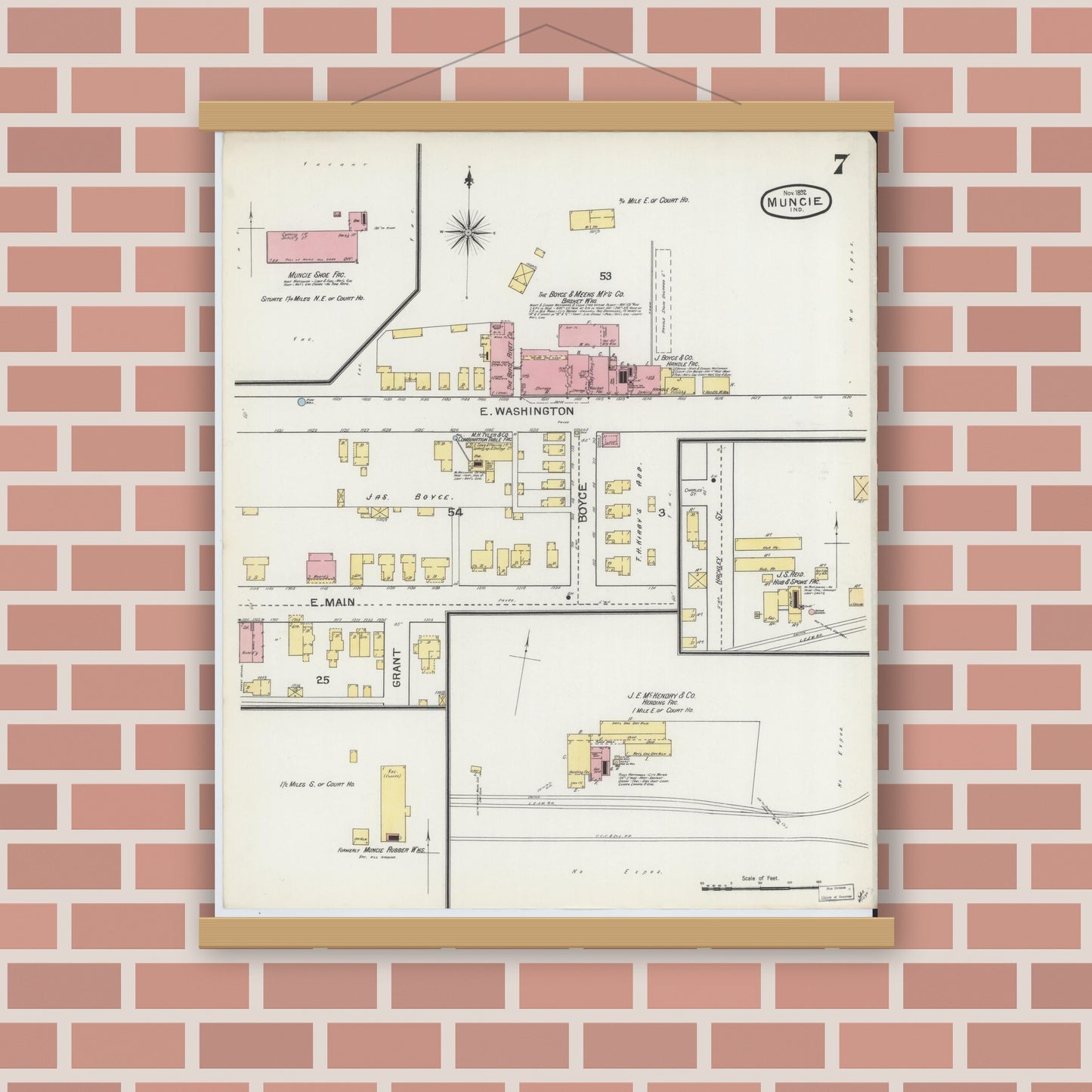 Old map wall art mockup — magnetic wood frame on brick wall — Sanborn Fire Insurance Map from Muncie, Delaware County, Indiana (1892), Sheet #0007