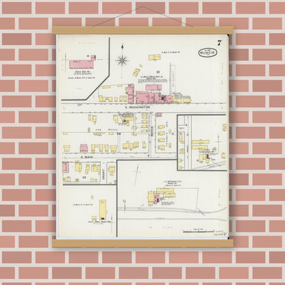 Old map wall art mockup — magnetic wood frame on brick wall — Sanborn Fire Insurance Map from Muncie, Delaware County, Indiana (1892), Sheet #0007