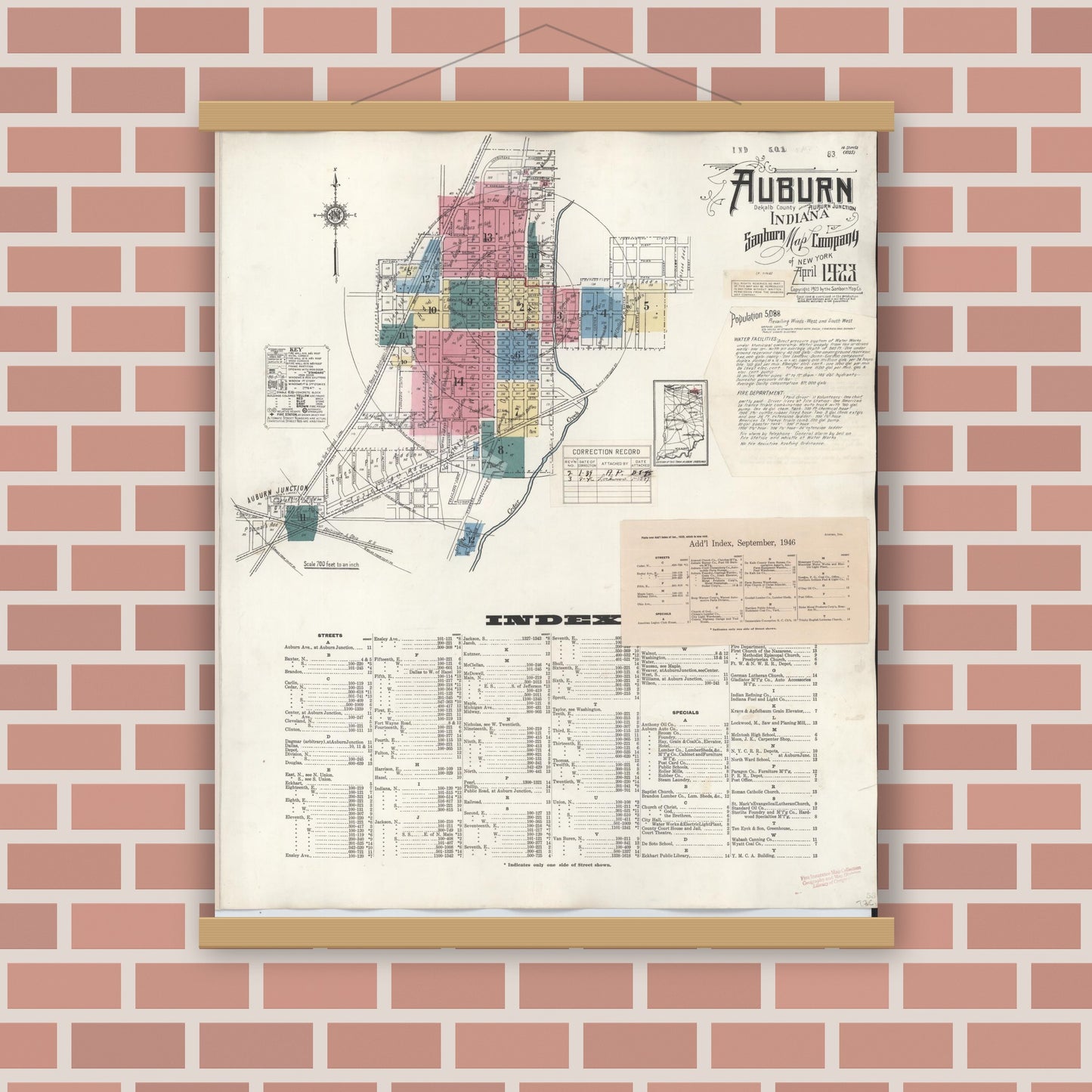 Old map wall art mockup — magnetic wood frame on brick wall — Sanborn Fire Insurance Map from Auburn, De Kalb County, Indiana (1946), Sheet #0001