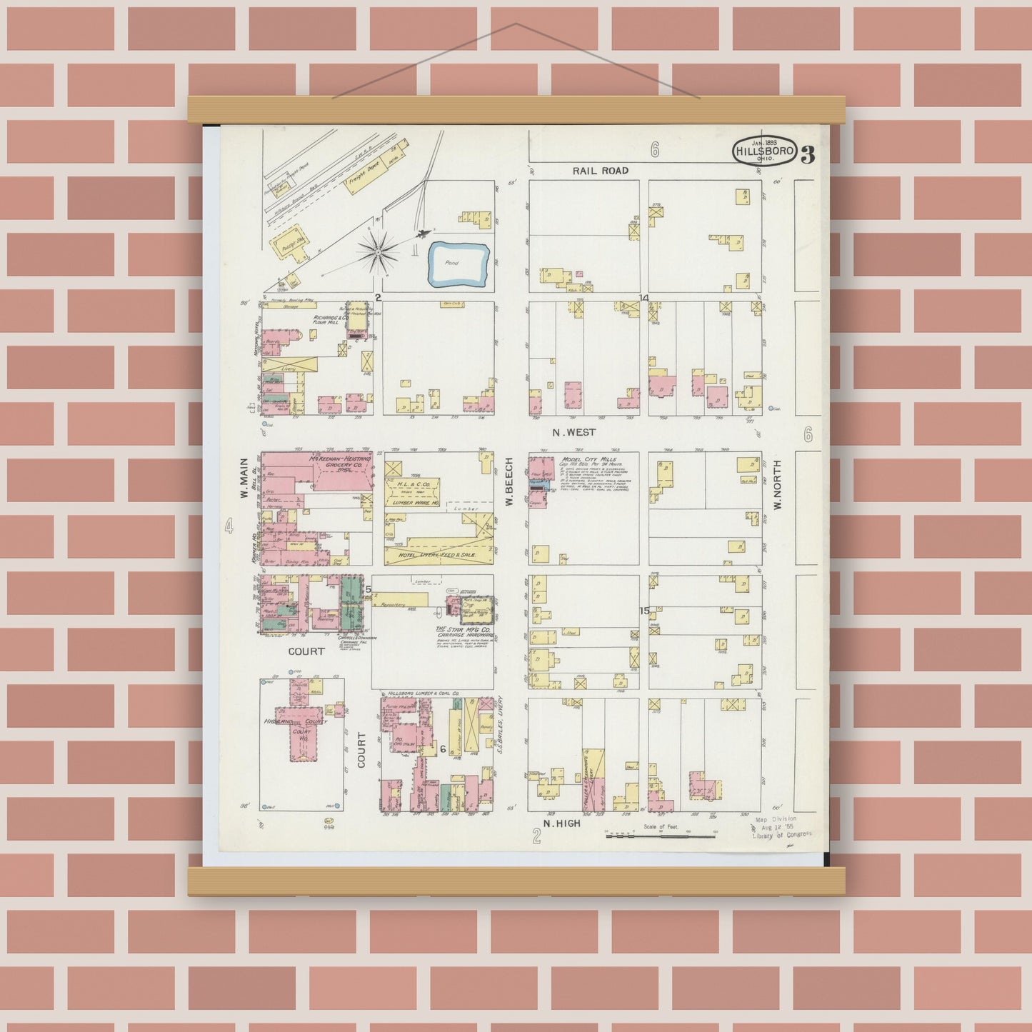 Old map wall art mockup — magnetic wood frame on brick wall — Sanborn Fire Insurance Map from Hillsboro, Highland County, Ohio (1893), Sheet #0003