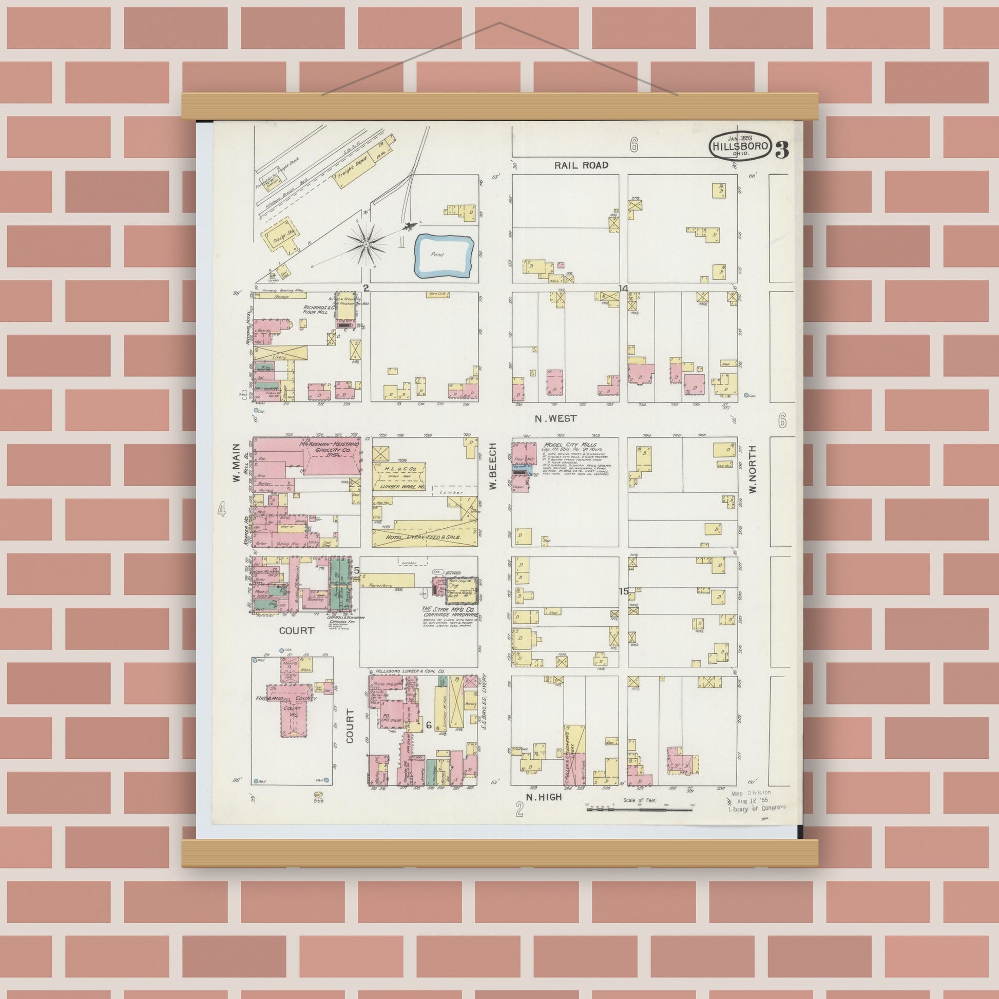 Old map wall art mockup — magnetic wood frame on brick wall — Sanborn Fire Insurance Map from Hillsboro, Highland County, Ohio (1893), Sheet #0003