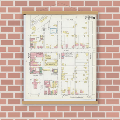 Old map wall art mockup — magnetic wood frame on brick wall — Sanborn Fire Insurance Map from Hillsboro, Highland County, Ohio (1893), Sheet #0003