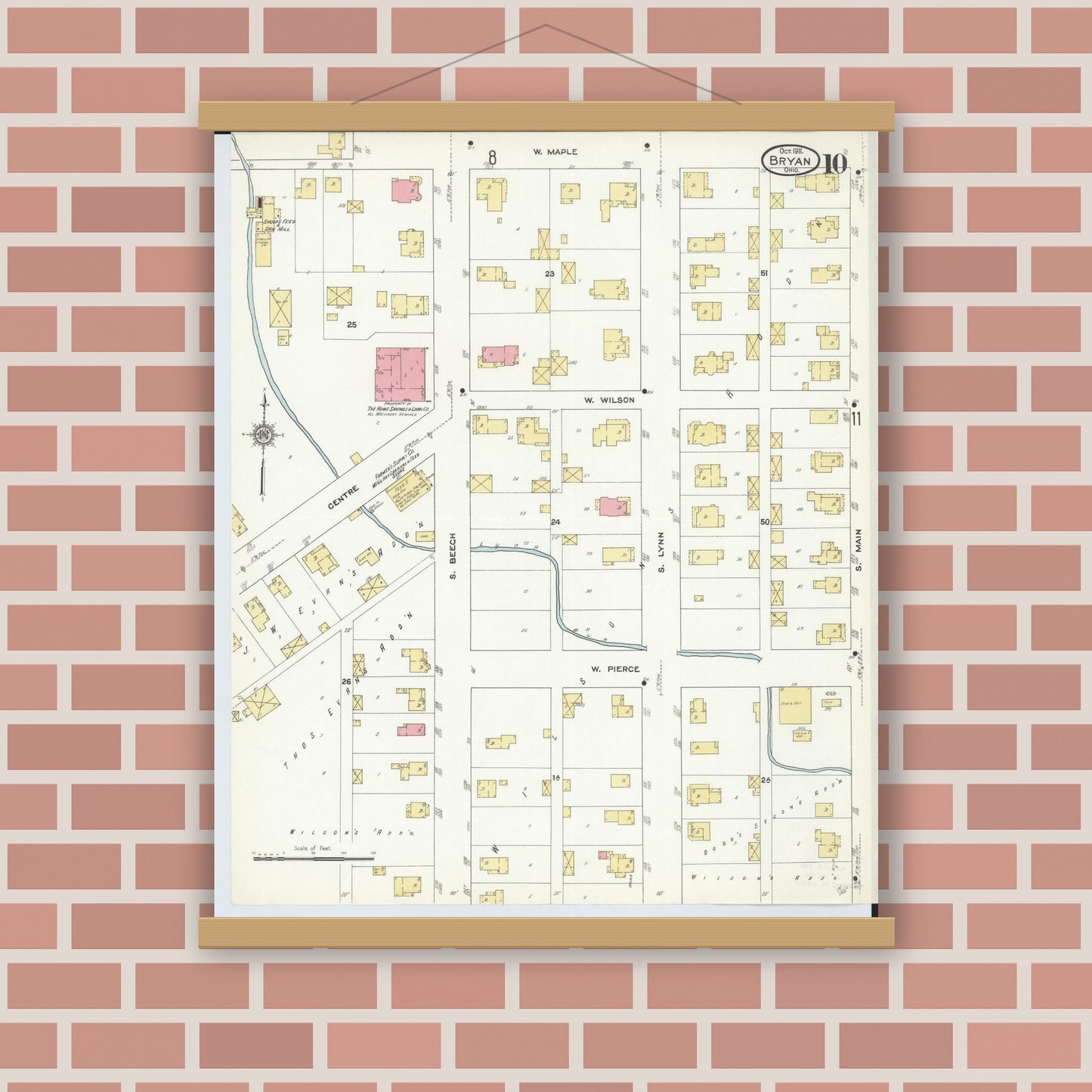 Old map wall art mockup — magnetic wood frame on brick wall — Sanborn Fire Insurance Map from Bryan, Williams County, Ohio (1911), Sheet #0010