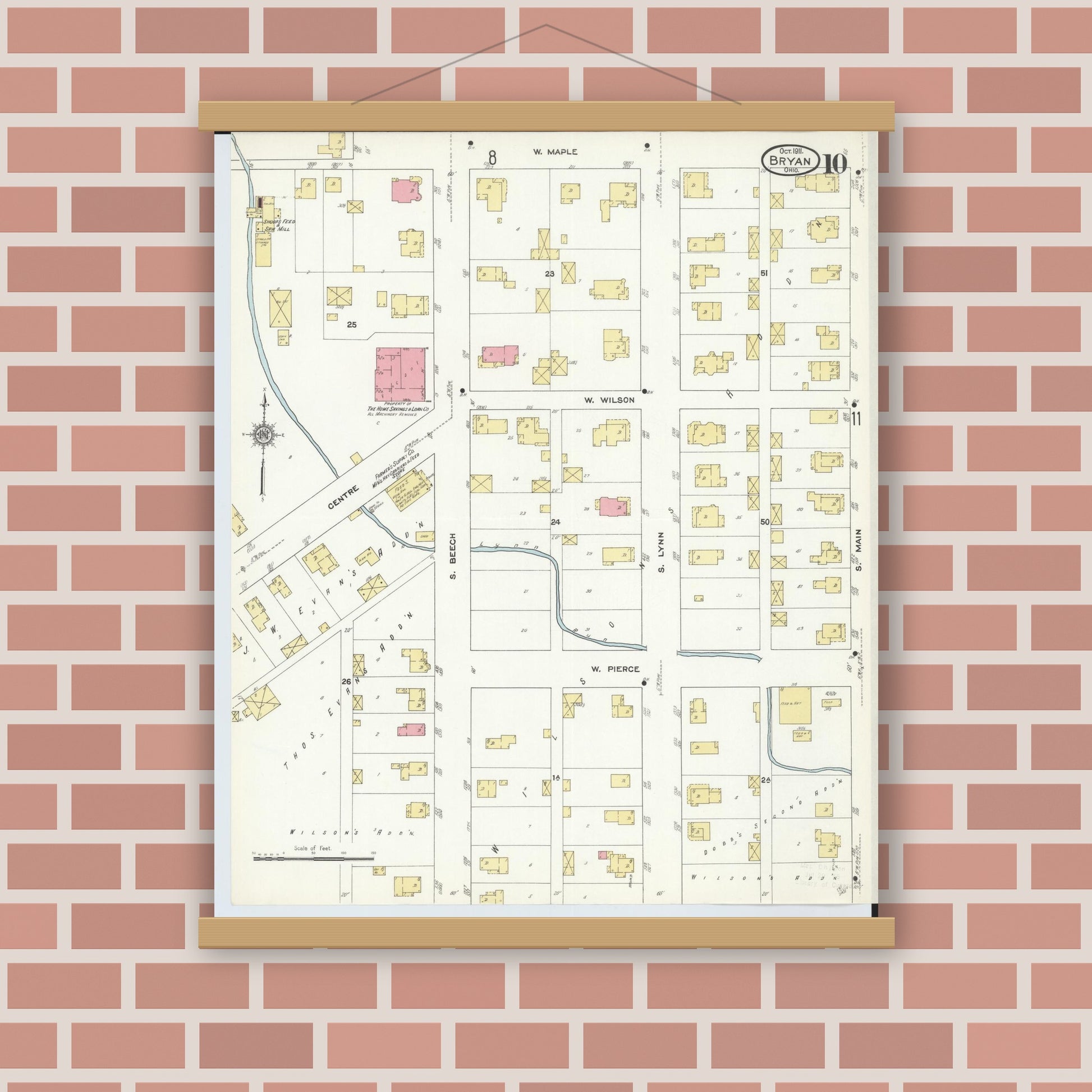 Old map wall art mockup — magnetic wood frame on brick wall — Sanborn Fire Insurance Map from Bryan, Williams County, Ohio (1911), Sheet #0010
