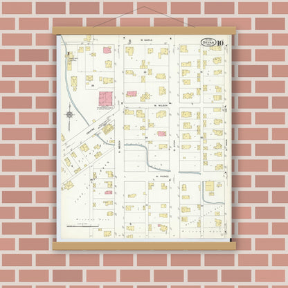 Old map wall art mockup — magnetic wood frame on brick wall — Sanborn Fire Insurance Map from Bryan, Williams County, Ohio (1911), Sheet #0010