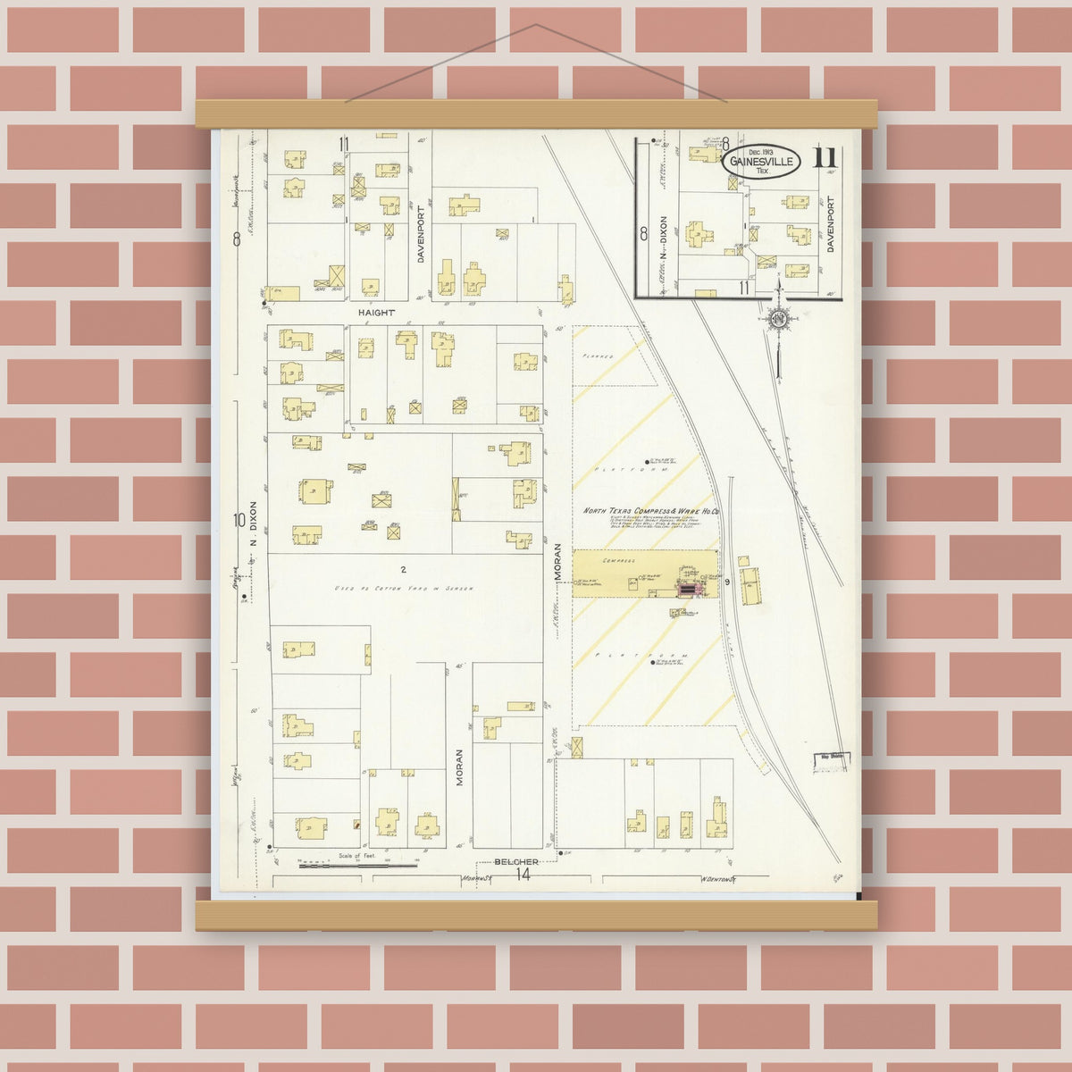 Old map wall art mockup — magnetic wood frame on brick wall — Sanborn Fire Insurance Map from Gainesville, Cooke County, Texas (1913), Sheet #0011