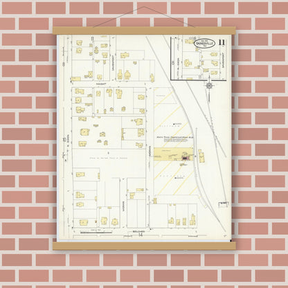 Old map wall art mockup — magnetic wood frame on brick wall — Sanborn Fire Insurance Map from Gainesville, Cooke County, Texas (1913), Sheet #0011