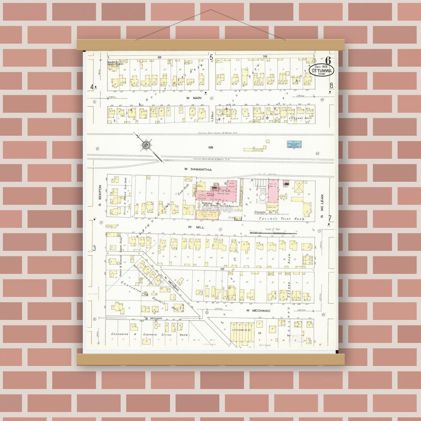 Old map wall art mockup — magnetic wood frame on brick wall — Sanborn Fire Insurance Map from Ottumwa, Wapello County, Iowa (1909), Sheet #0006
