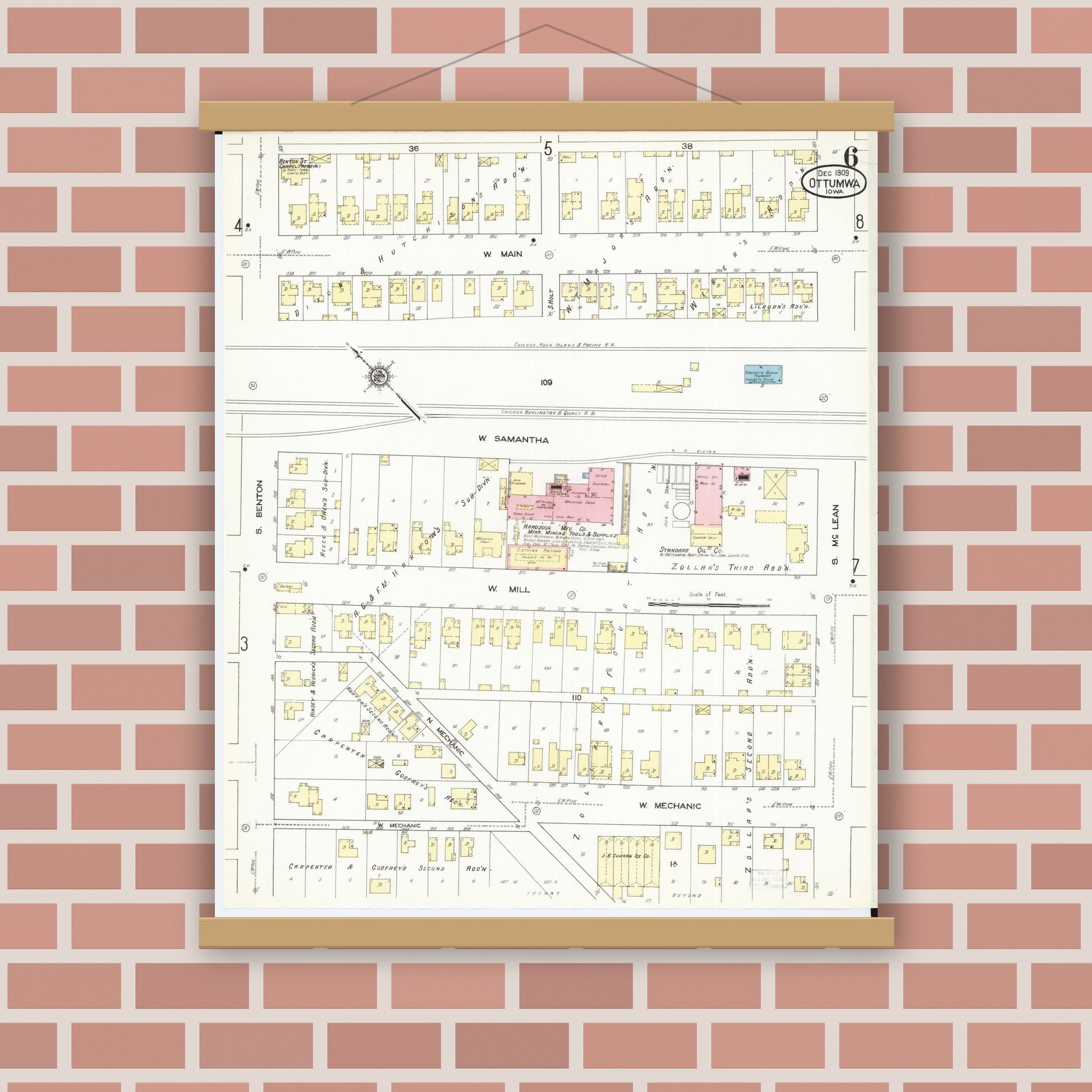 Old map wall art mockup — magnetic wood frame on brick wall — Sanborn Fire Insurance Map from Ottumwa, Wapello County, Iowa (1909), Sheet #0006