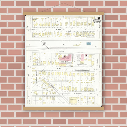 Old map wall art mockup — magnetic wood frame on brick wall — Sanborn Fire Insurance Map from Ottumwa, Wapello County, Iowa (1909), Sheet #0006