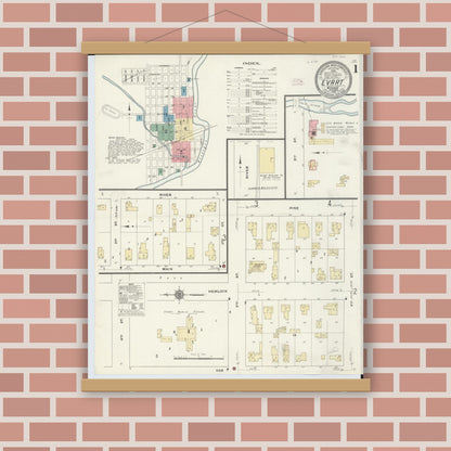 Old map wall art mockup — magnetic wood frame on brick wall — Sanborn Fire Insurance Map from Evart, Osceola County, Michigan (1910) - Complete Map Set