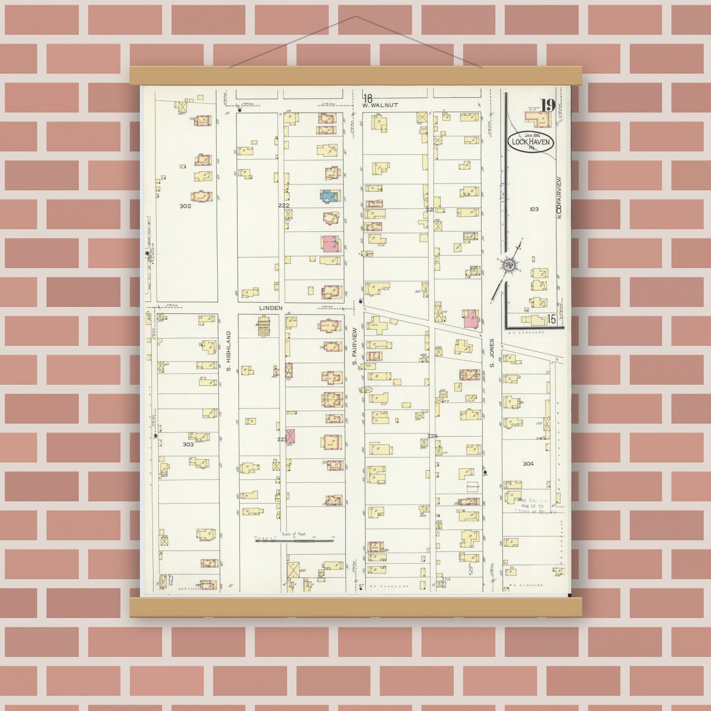 Old map wall art mockup — magnetic wood frame on brick wall — Sanborn Fire Insurance Map from Lock Haven, Clinton County, Pennsylvania (1914), Sheet #0019
