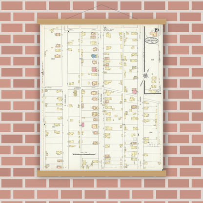 Old map wall art mockup — magnetic wood frame on brick wall — Sanborn Fire Insurance Map from Lock Haven, Clinton County, Pennsylvania (1914), Sheet #0019