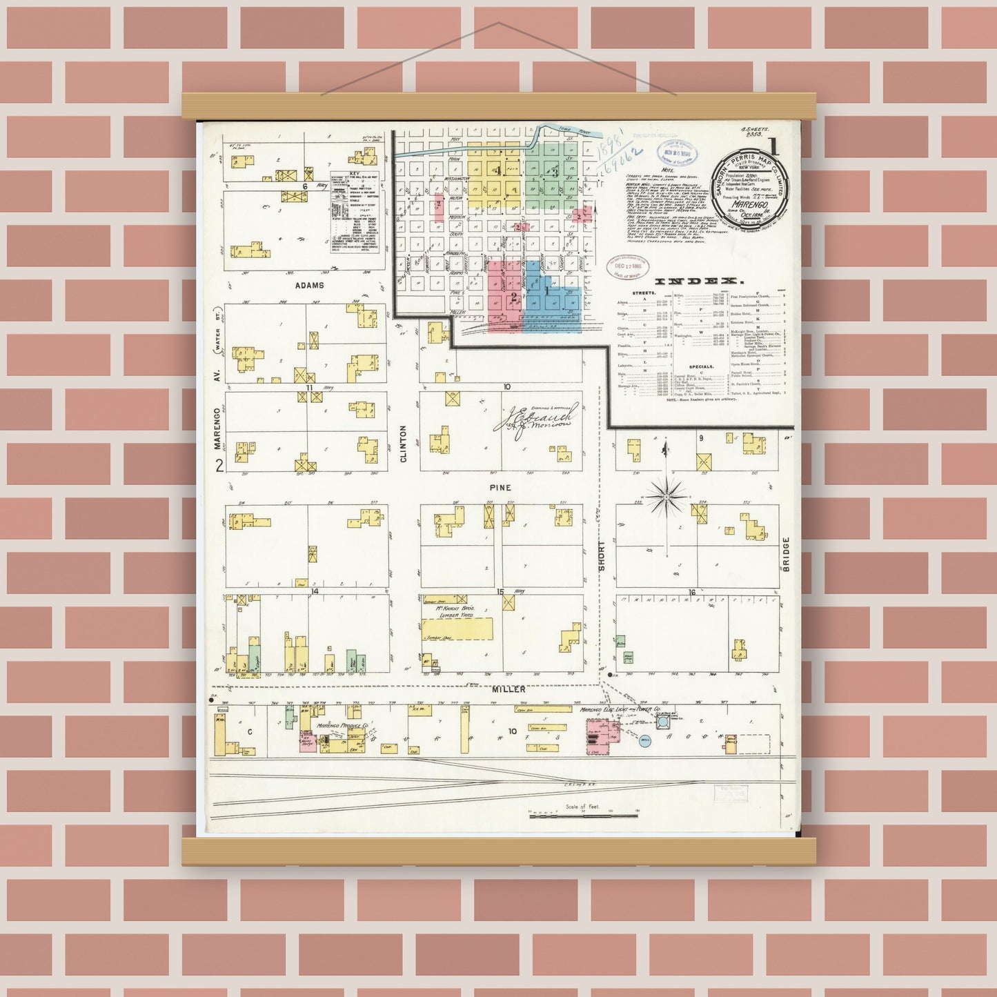 Old map wall art mockup — magnetic wood frame on brick wall — Sanborn Fire Insurance Map from Marengo, Iowa County, Iowa (1898) â€” Complete Set