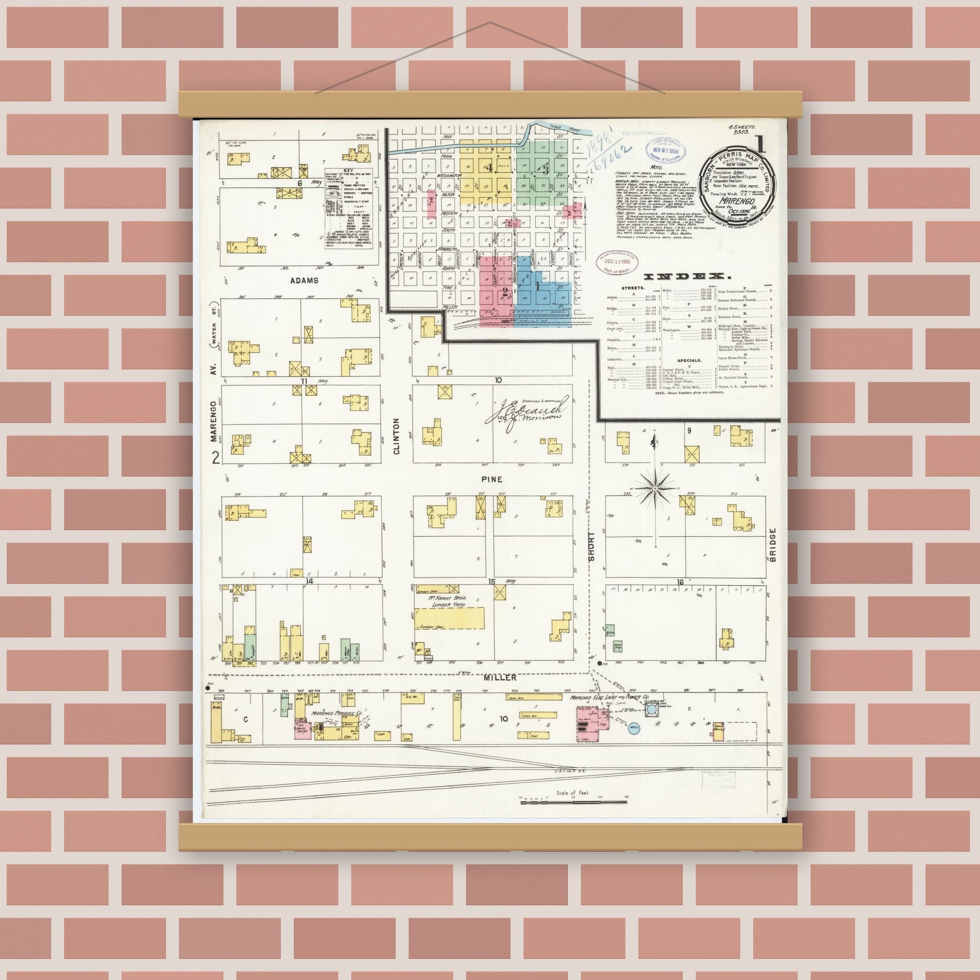 Old map wall art mockup — magnetic wood frame on brick wall — Sanborn Fire Insurance Map from Marengo, Iowa County, Iowa (1898) â€” Complete Set