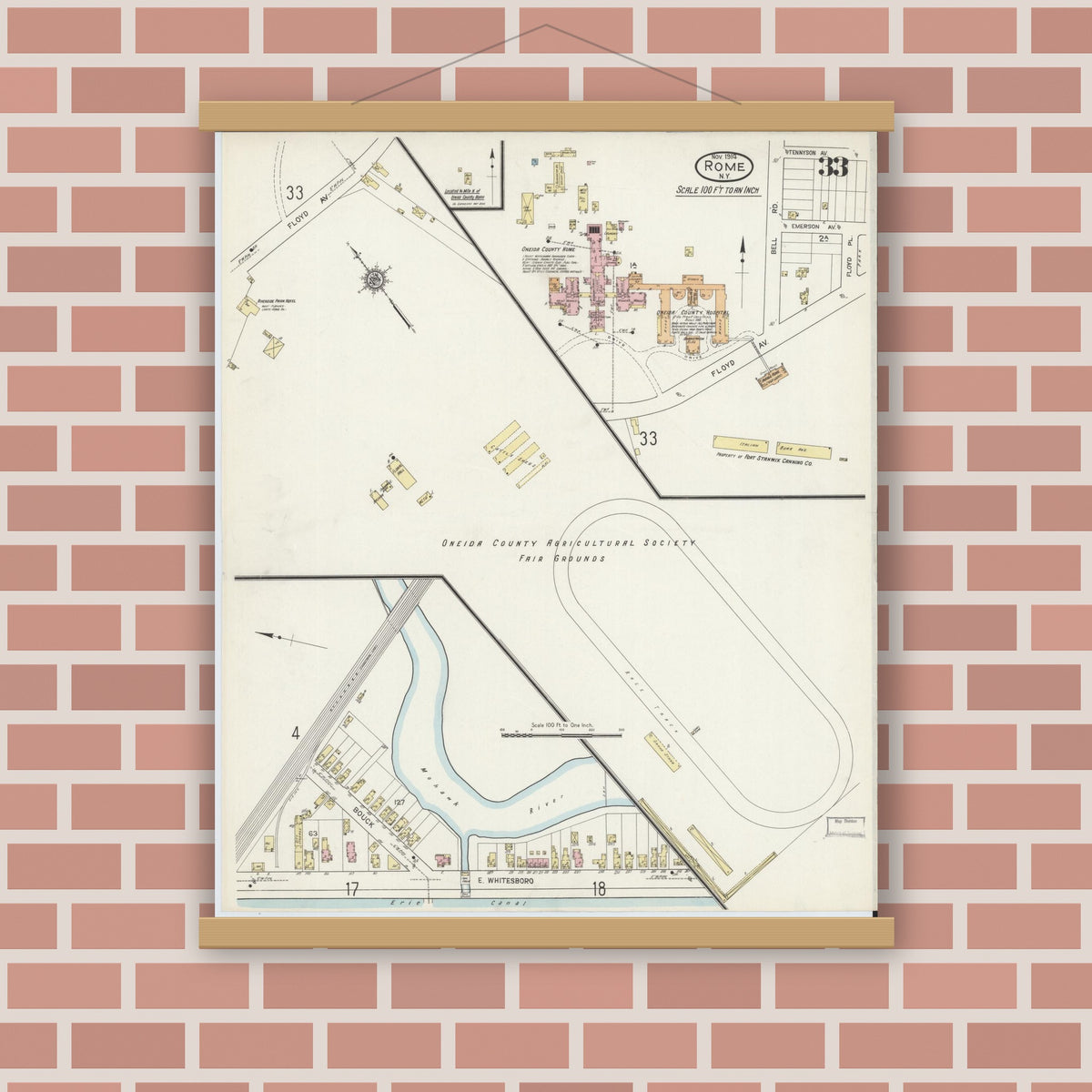 Old map wall art mockup — magnetic wood frame on brick wall — Sanborn Fire Insurance Map from Rome, Oneida County, New York (1914), Sheet #0033