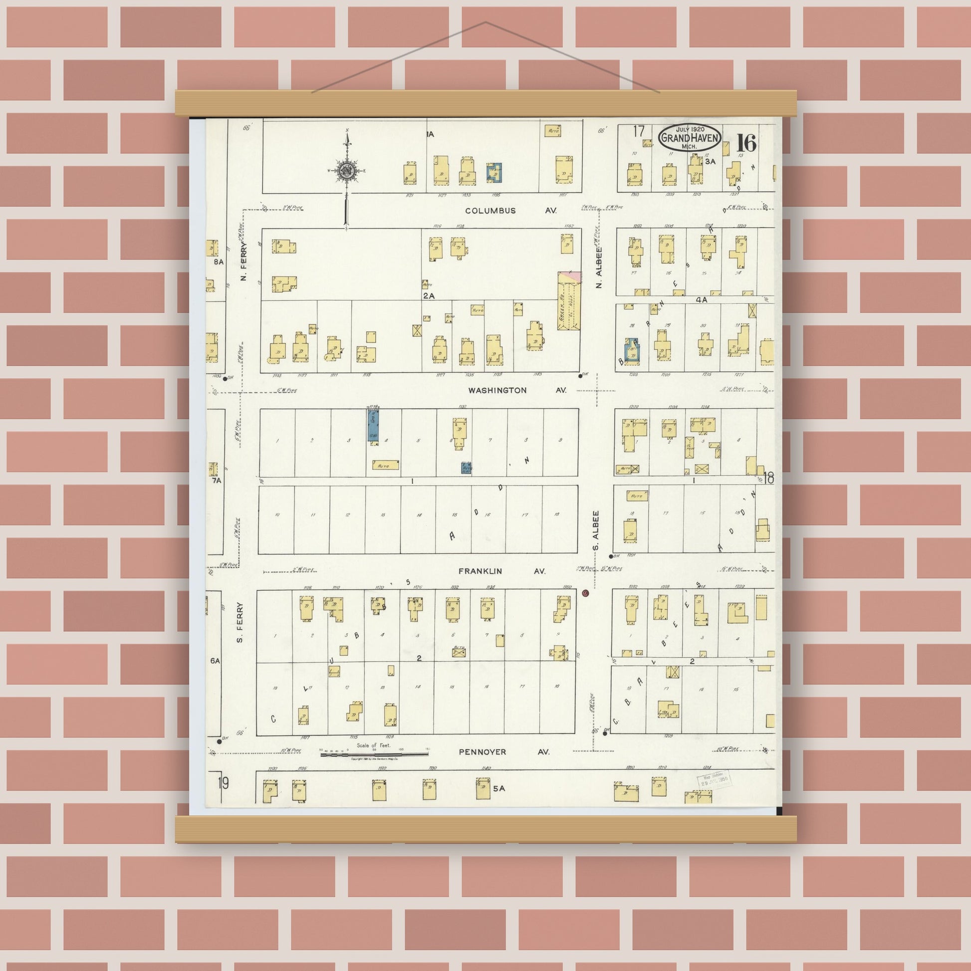 Old map wall art mockup — magnetic wood frame on brick wall — Sanborn Fire Insurance Map from Grand Haven, Ottawa County, Michigan (1920), Sheet #0016