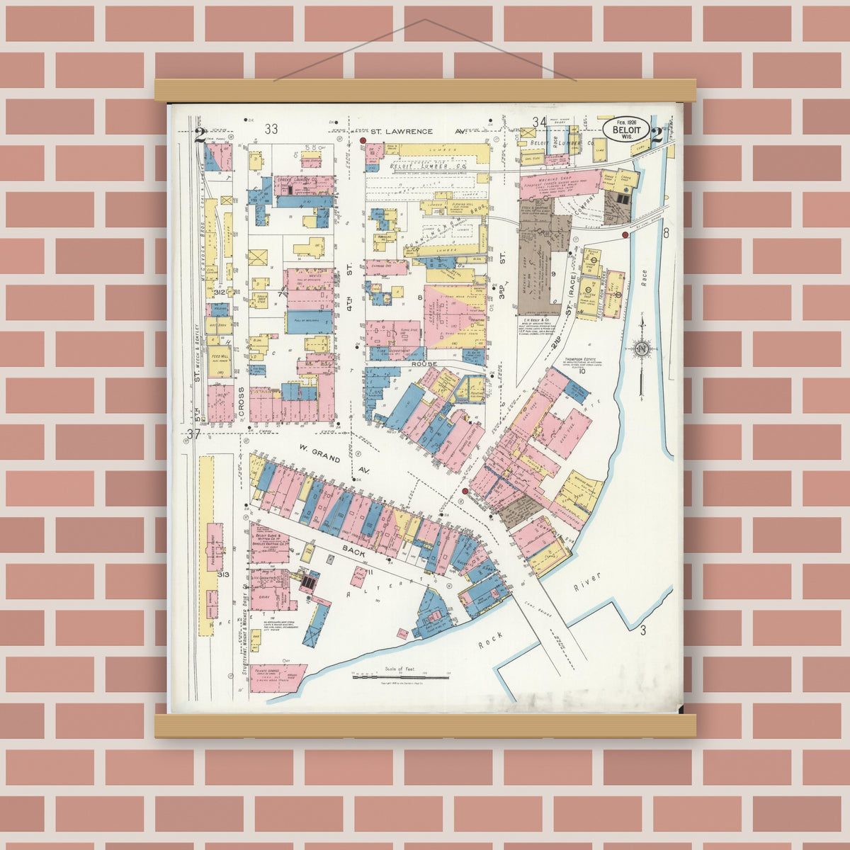 Old map wall art mockup — magnetic wood frame on brick wall — Sanborn Fire Insurance Map from Beloit, Rock County, Wisconsin (1926), Sheet #0002