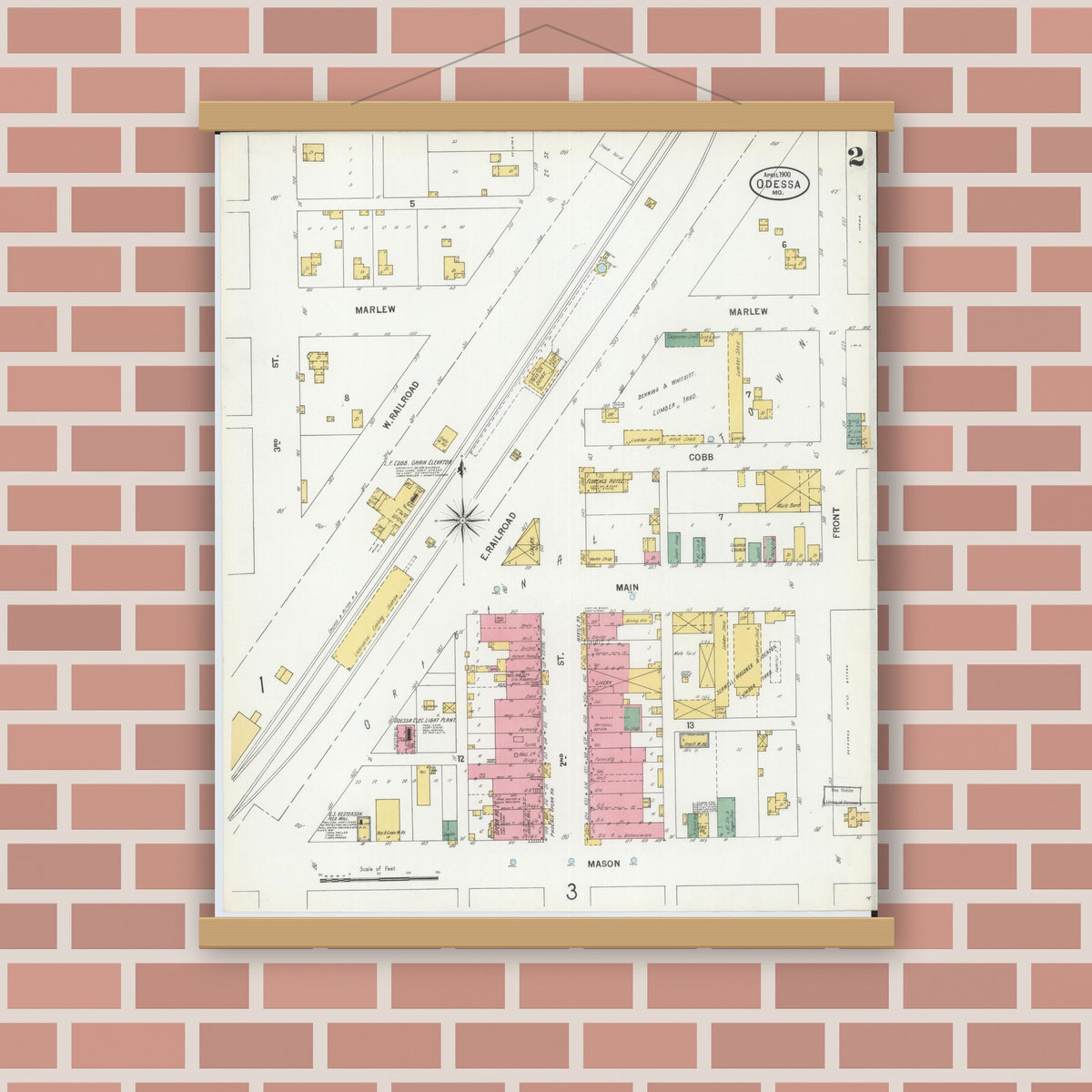 Old map wall art mockup — magnetic wood frame on brick wall — Sanborn Fire Insurance Map from Odessa, Lafayette County, Missouri (1900), Sheet #0002