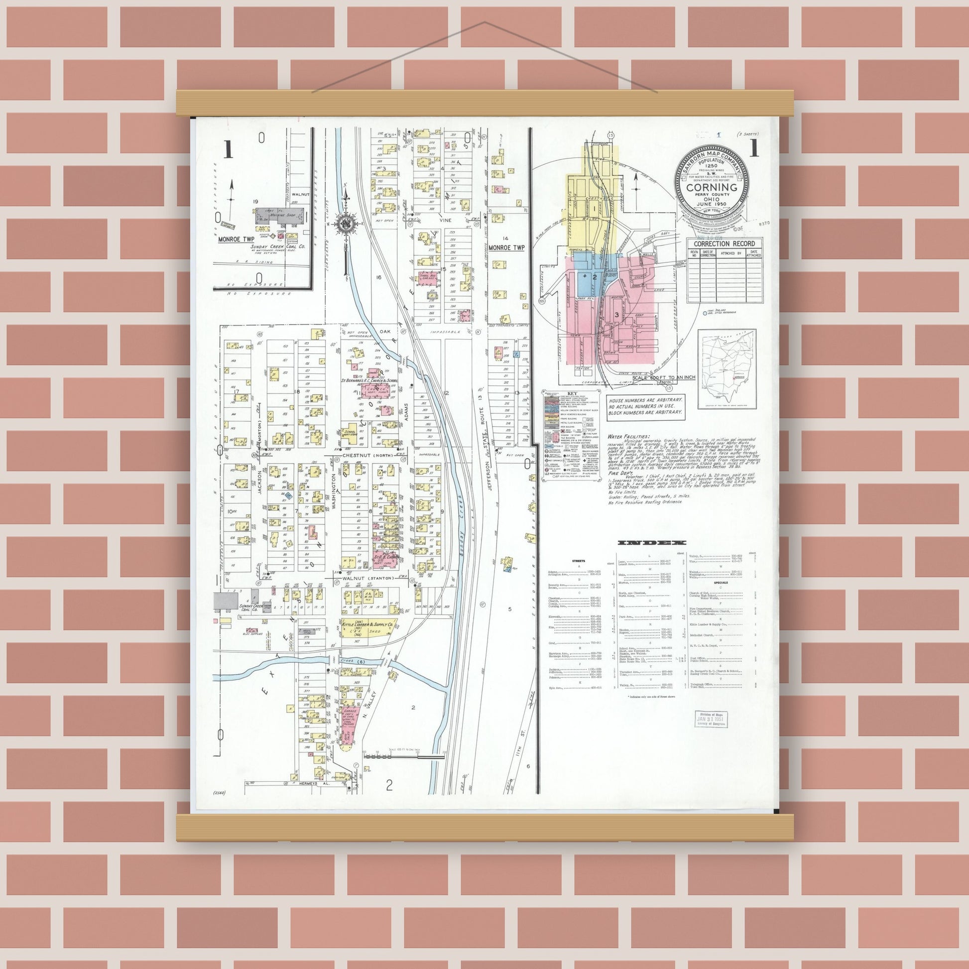 Old map wall art mockup — magnetic wood frame on brick wall — Sanborn Fire Insurance Map from Corning, Perry County, Ohio (1950), Sheet #0001