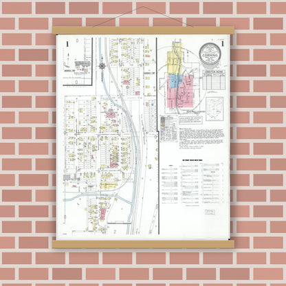 Old map wall art mockup — magnetic wood frame on brick wall — Sanborn Fire Insurance Map from Corning, Perry County, Ohio (1950), Sheet #0001