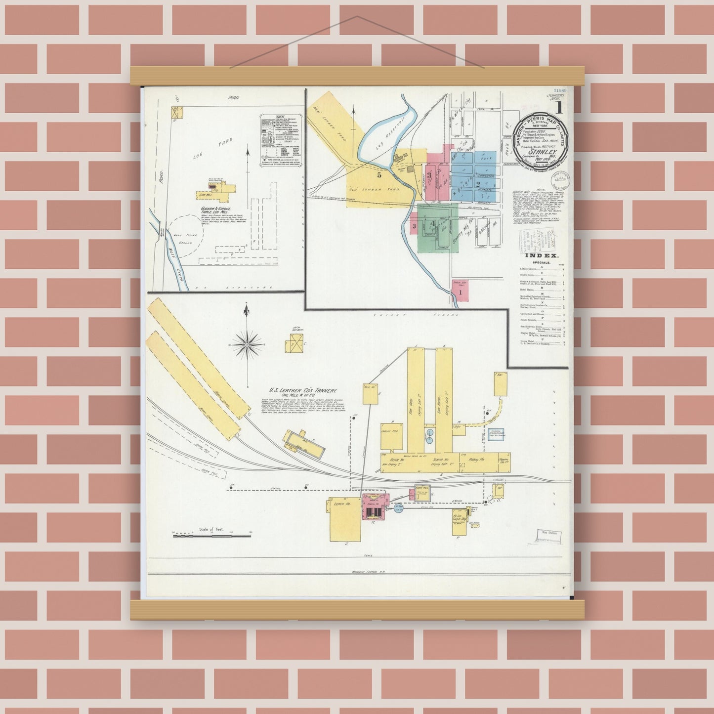 Old map wall art mockup — magnetic wood frame on brick wall — Sanborn Fire Insurance Map from Stanley, Chippewa County, Wisconsin (1900), Sheet #0001