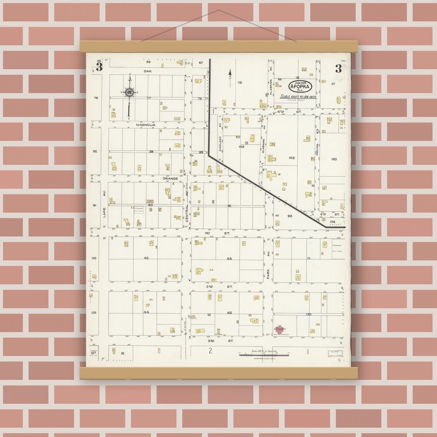 Old map wall art mockup — magnetic wood frame on brick wall — Sanborn Fire Insurance Map from Apopka, Orange County, Florida (1924), Sheet #0003