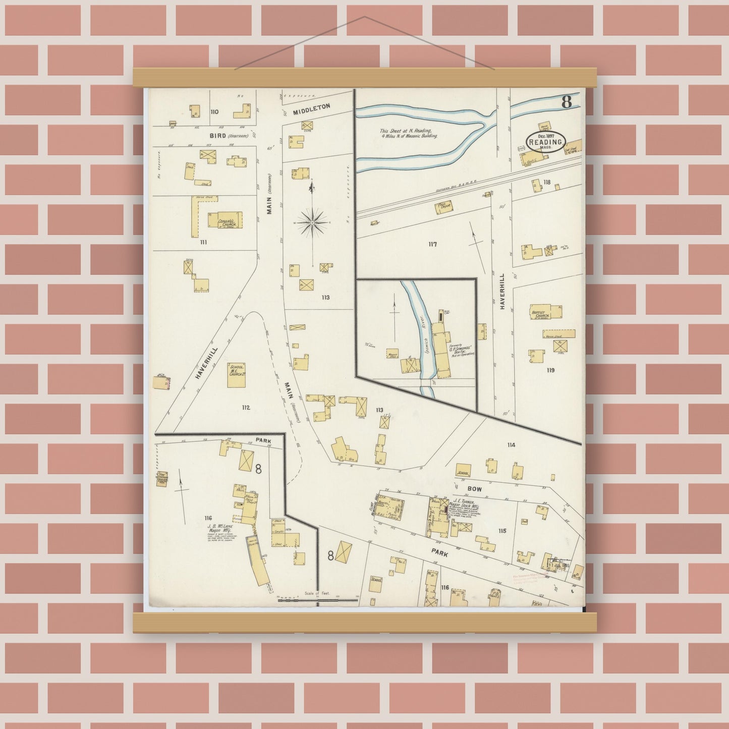Old map wall art mockup — magnetic wood frame on brick wall — Sanborn Fire Insurance Map from Reading, Middlesex County, Massachusetts (1897), Sheet #0008