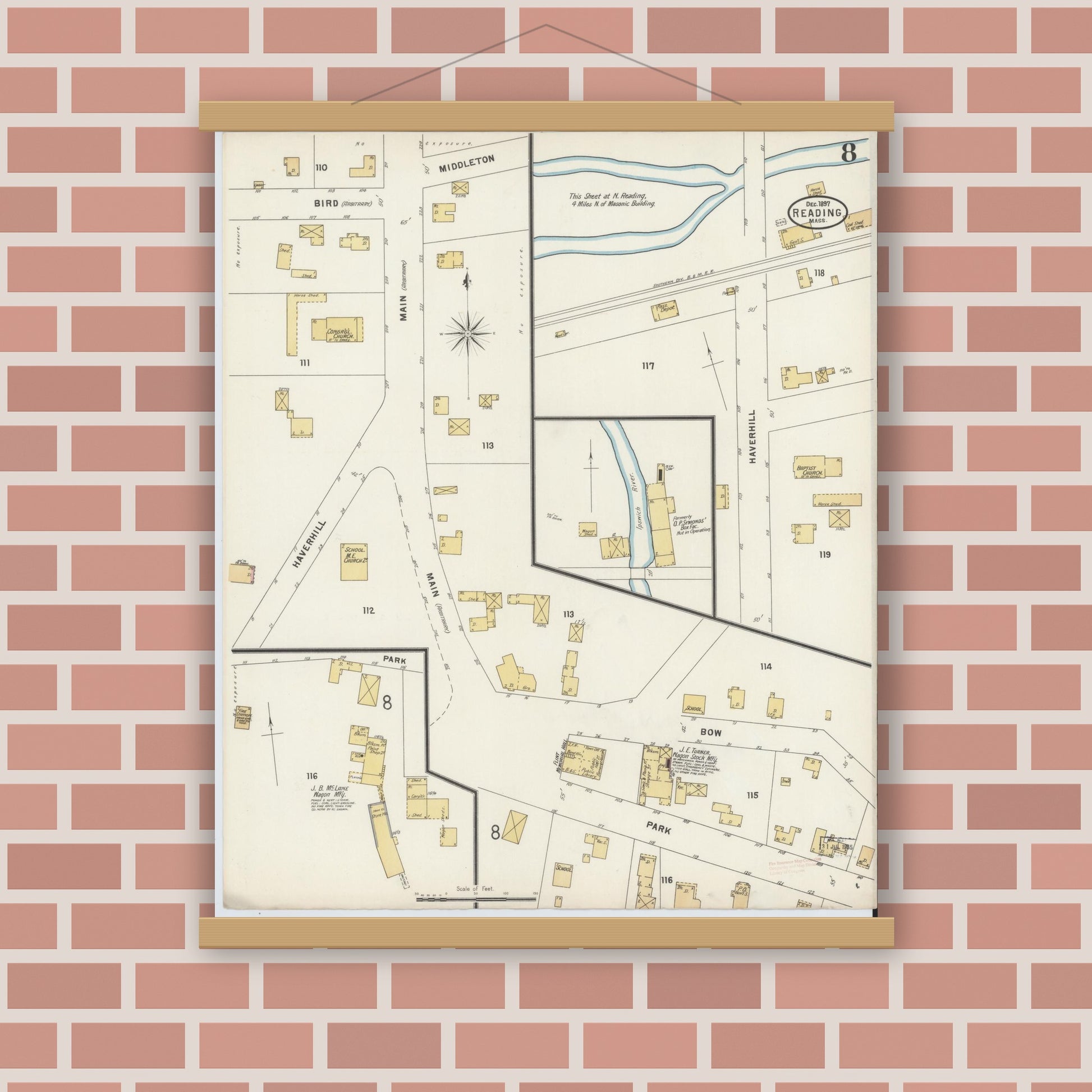 Old map wall art mockup — magnetic wood frame on brick wall — Sanborn Fire Insurance Map from Reading, Middlesex County, Massachusetts (1897), Sheet #0008