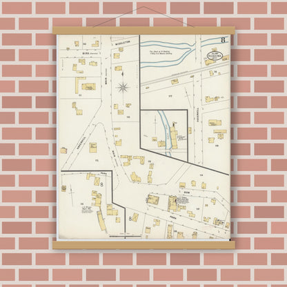 Old map wall art mockup — magnetic wood frame on brick wall — Sanborn Fire Insurance Map from Reading, Middlesex County, Massachusetts (1897), Sheet #0008