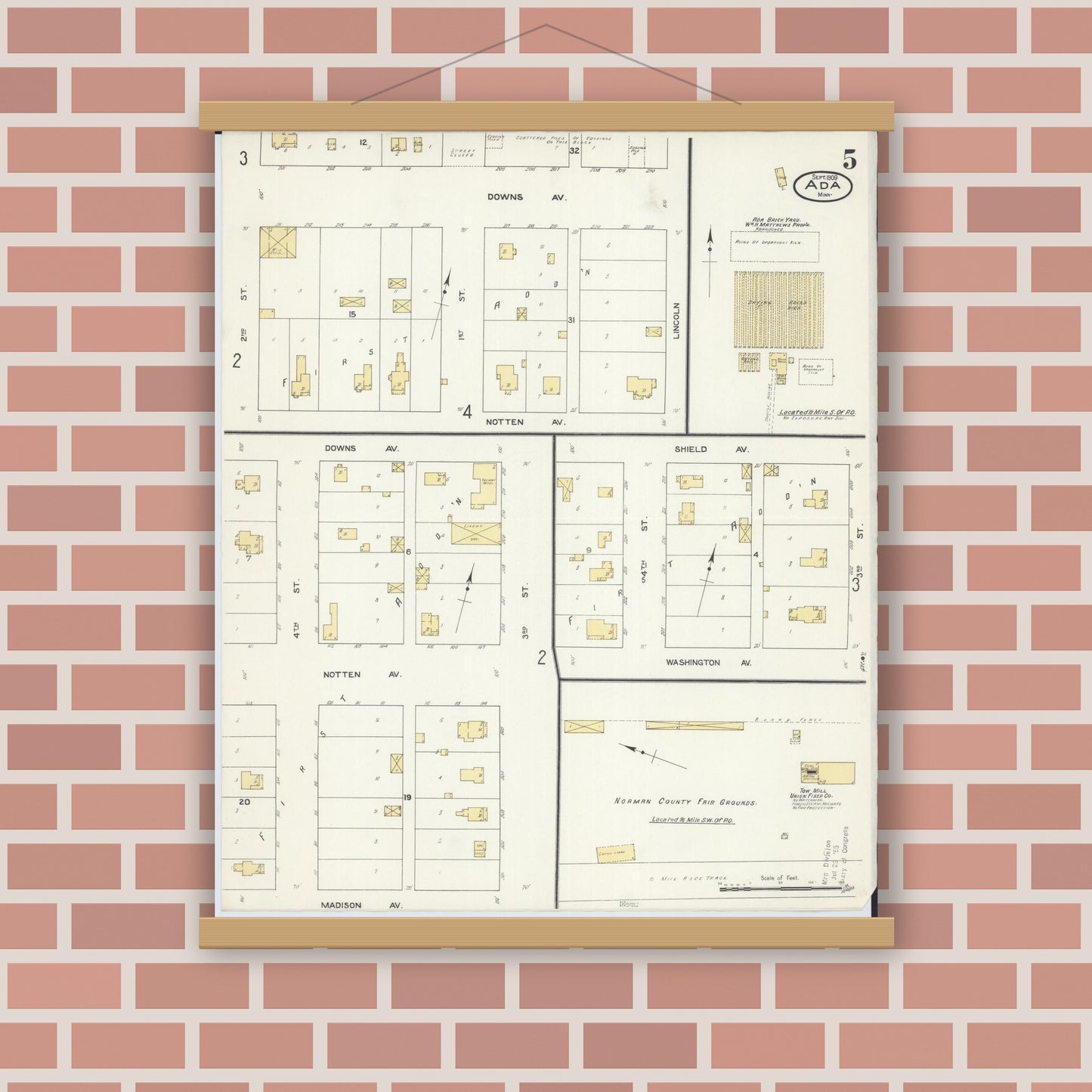 Old map wall art mockup — magnetic wood frame on brick wall — Sanborn Fire Insurance Map from Ada, Norman County, Minnesota (1909), Sheet #0005