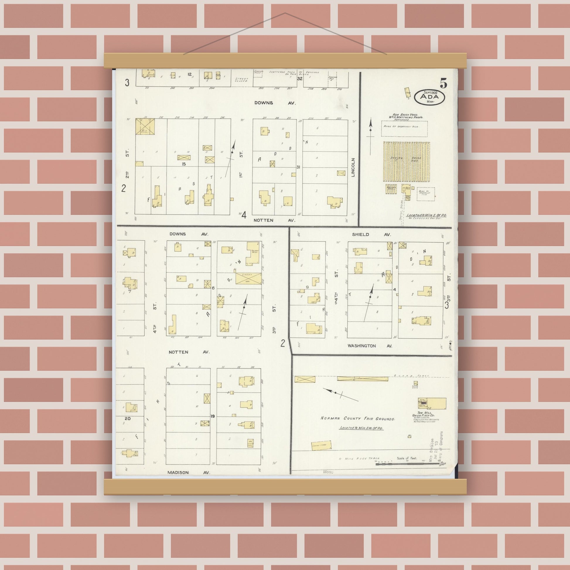 Old map wall art mockup — magnetic wood frame on brick wall — Sanborn Fire Insurance Map from Ada, Norman County, Minnesota (1909), Sheet #0005