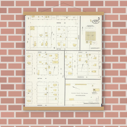 Old map wall art mockup — magnetic wood frame on brick wall — Sanborn Fire Insurance Map from Ada, Norman County, Minnesota (1909), Sheet #0005