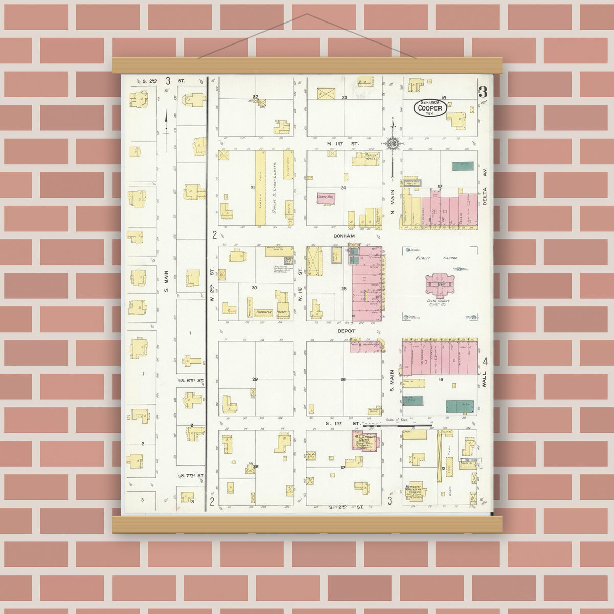 Old map wall art mockup — magnetic wood frame on brick wall — Sanborn Fire Insurance Map from Cooper, Delta County, Texas (1909), Sheet #0003