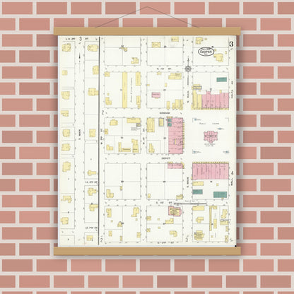 Old map wall art mockup — magnetic wood frame on brick wall — Sanborn Fire Insurance Map from Cooper, Delta County, Texas (1909), Sheet #0003