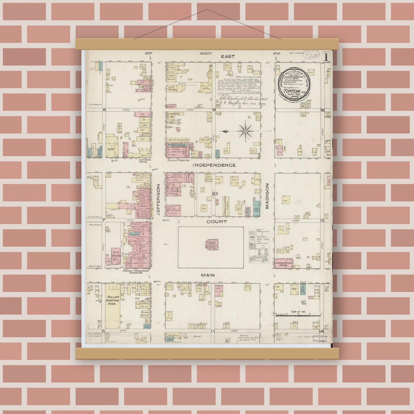 Old map wall art mockup — magnetic wood frame on brick wall — Sanborn Fire Insurance Map from Tipton, Tipton County, Indiana (1885) - Complete Map Set