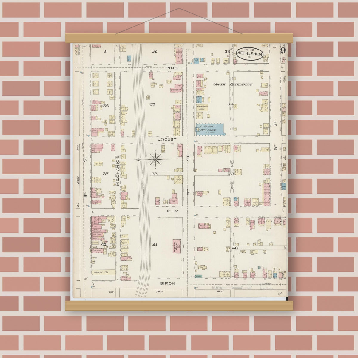Old map wall art mockup — magnetic wood frame on brick wall — Sanborn Fire Insurance Map from Bethlehem, Northampton And Lehigh Counties, Pennsylvania (1885), Sheet #0009