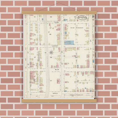 Old map wall art mockup — magnetic wood frame on brick wall — Sanborn Fire Insurance Map from Bethlehem, Northampton And Lehigh Counties, Pennsylvania (1885), Sheet #0009